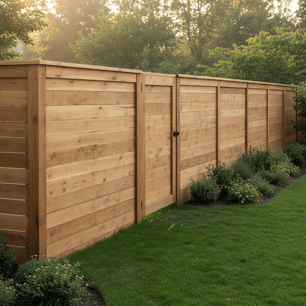Newly installed wooden privacy fence in a sunny backyard