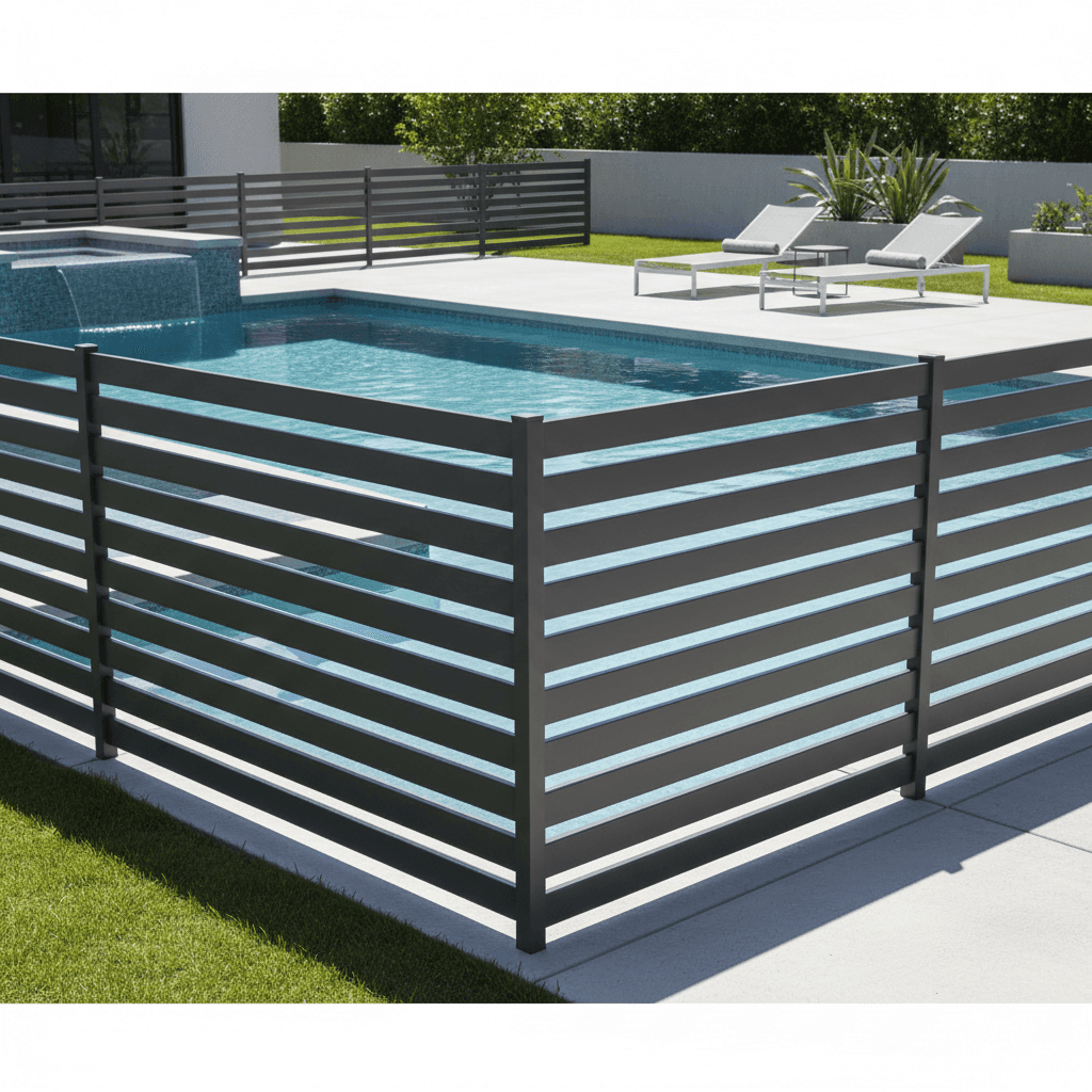 Aluminum pool fence with horizontal slats