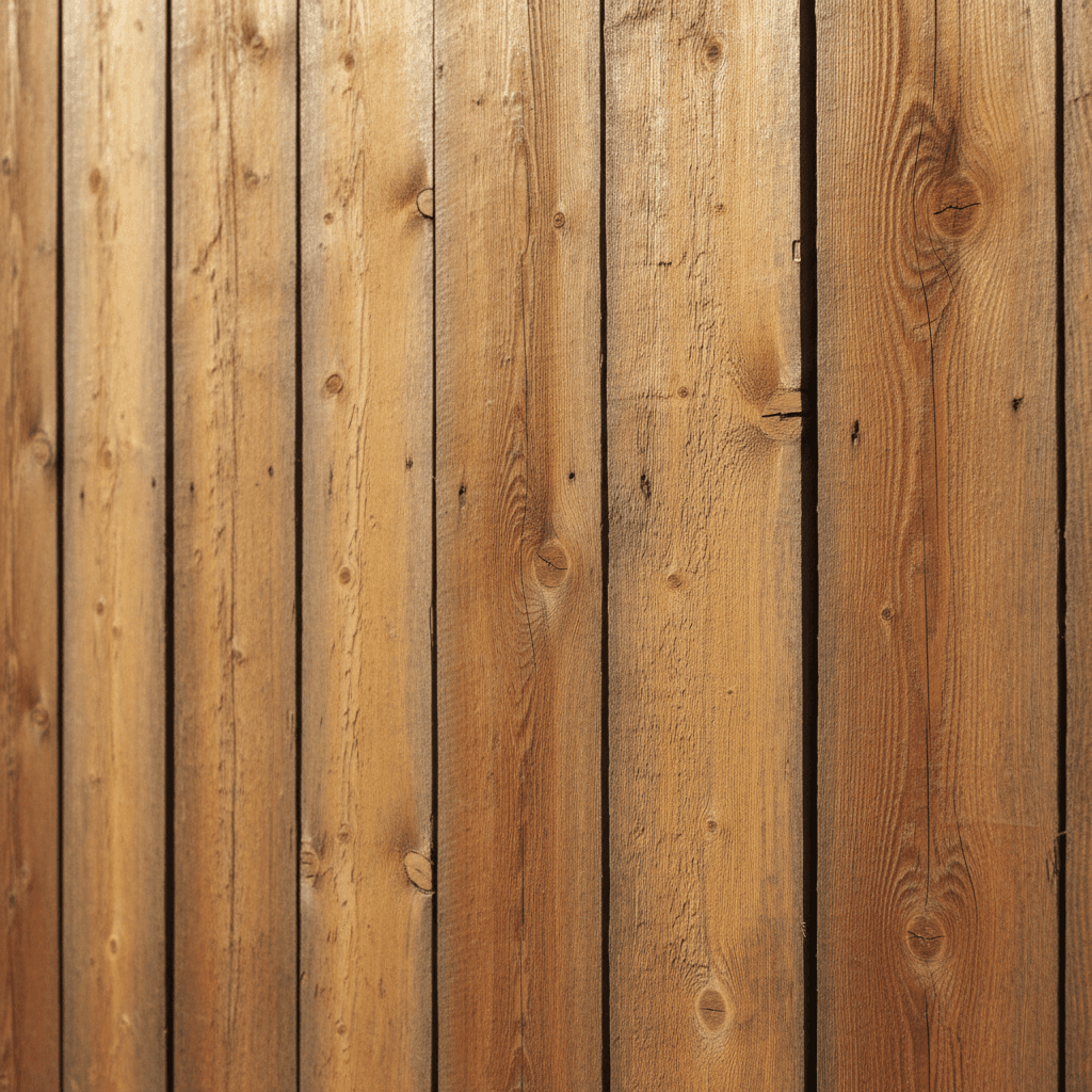 A bright, natural daylight photography aesthetic medium shot of weathered wood fence boards, focus on the grain texture and natural patina.