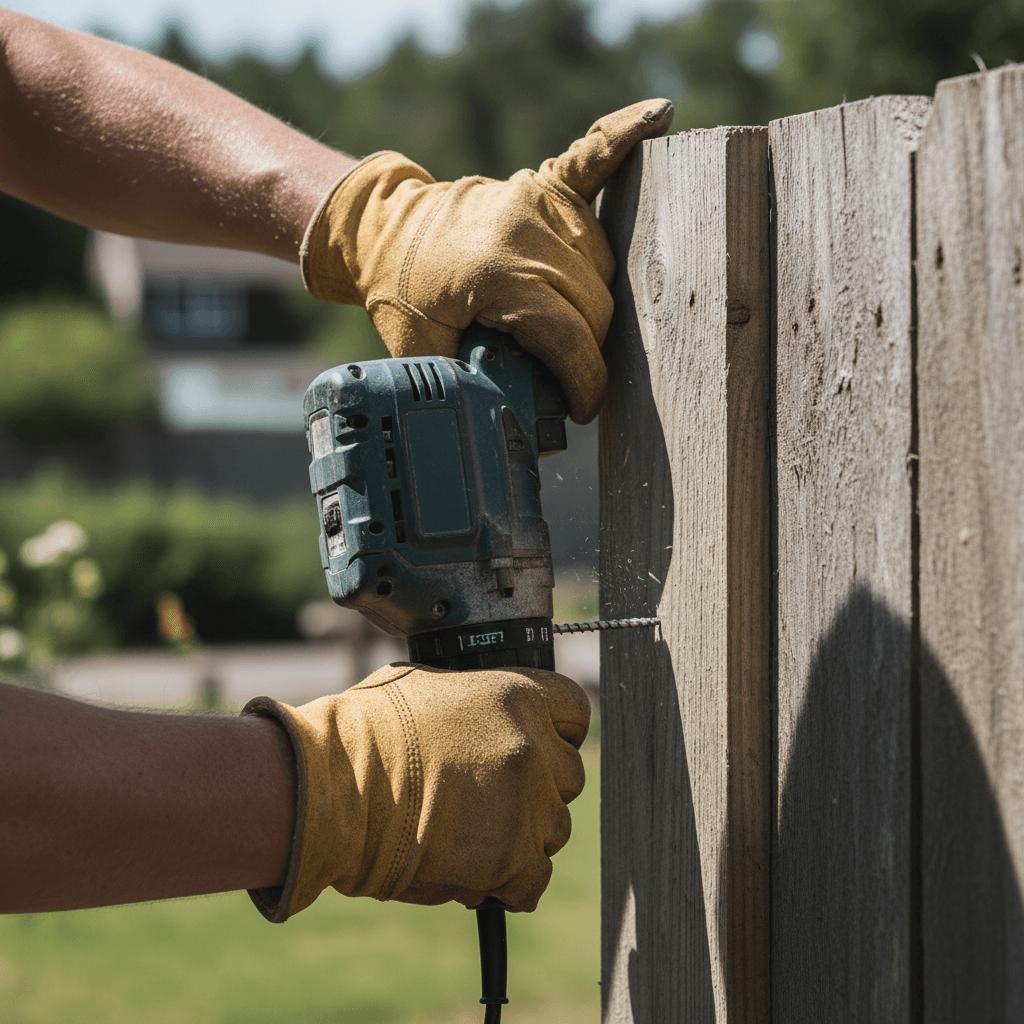 Contractor repairing a wooden fence panel with a drill