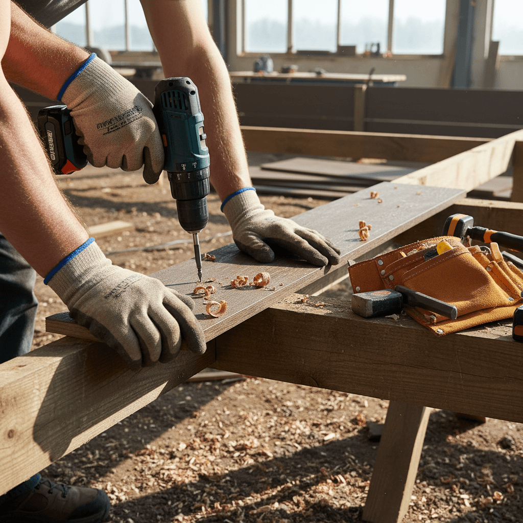 Hands securing a composite fence board to a frame