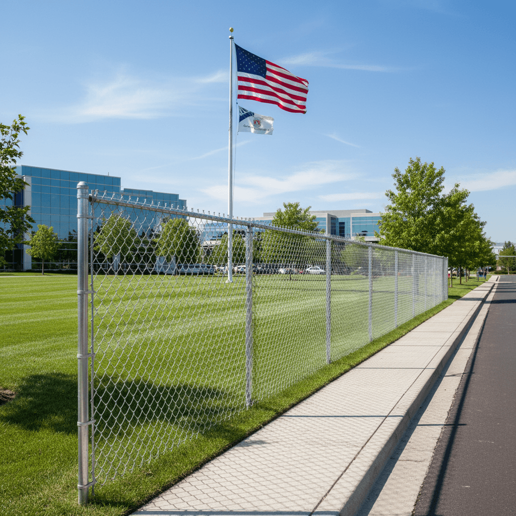 Galvanized chain link fence around a commercial property in a business park
