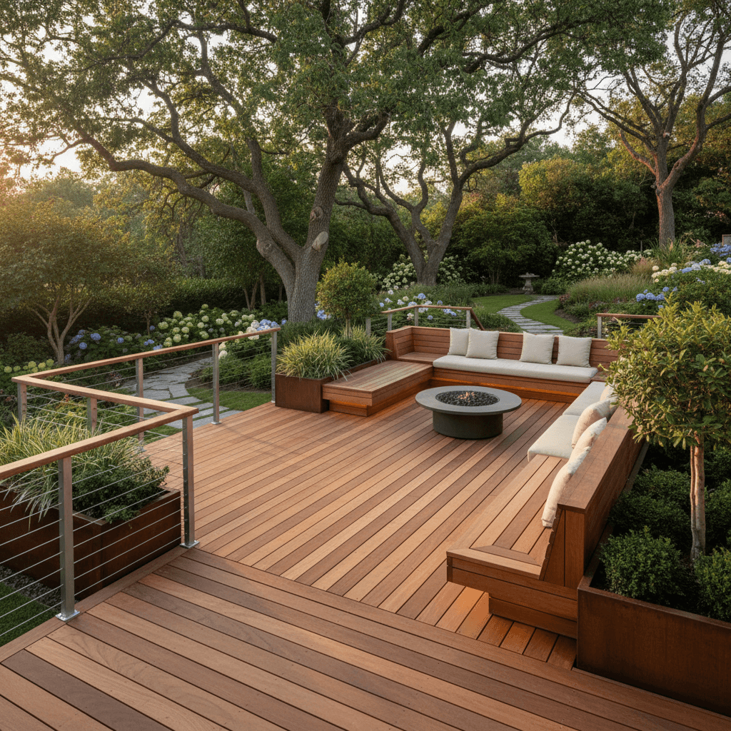 Wood deck with railings showing mature outdoor living space