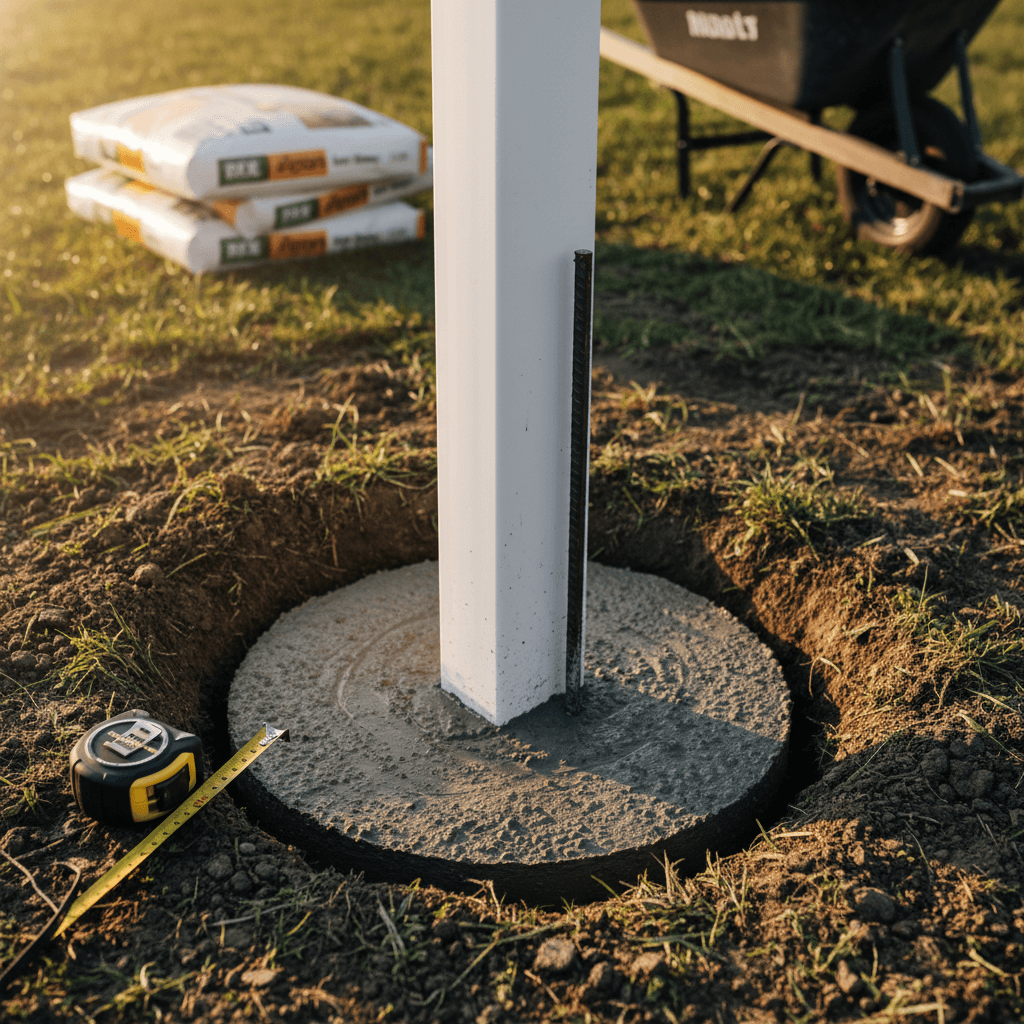 Vinyl fence post being set into concrete footing