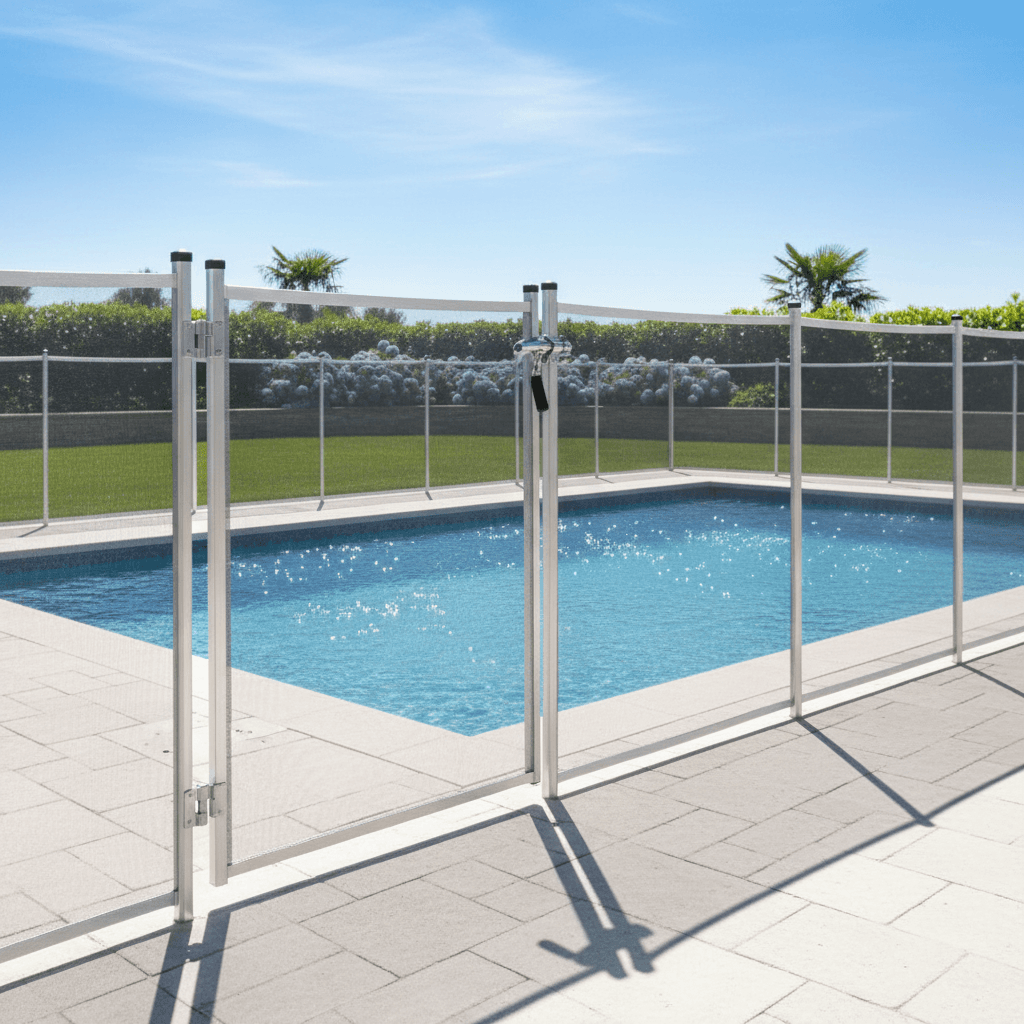 Mesh pool safety fence with gate around a backyard pool