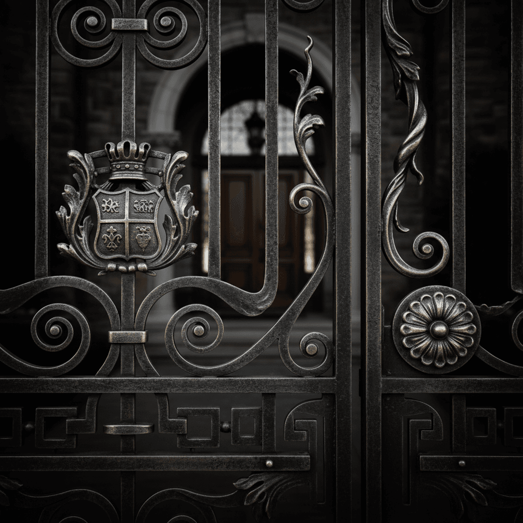 Detailed view of custom wrought iron gate showcasing ornamental metalwork
