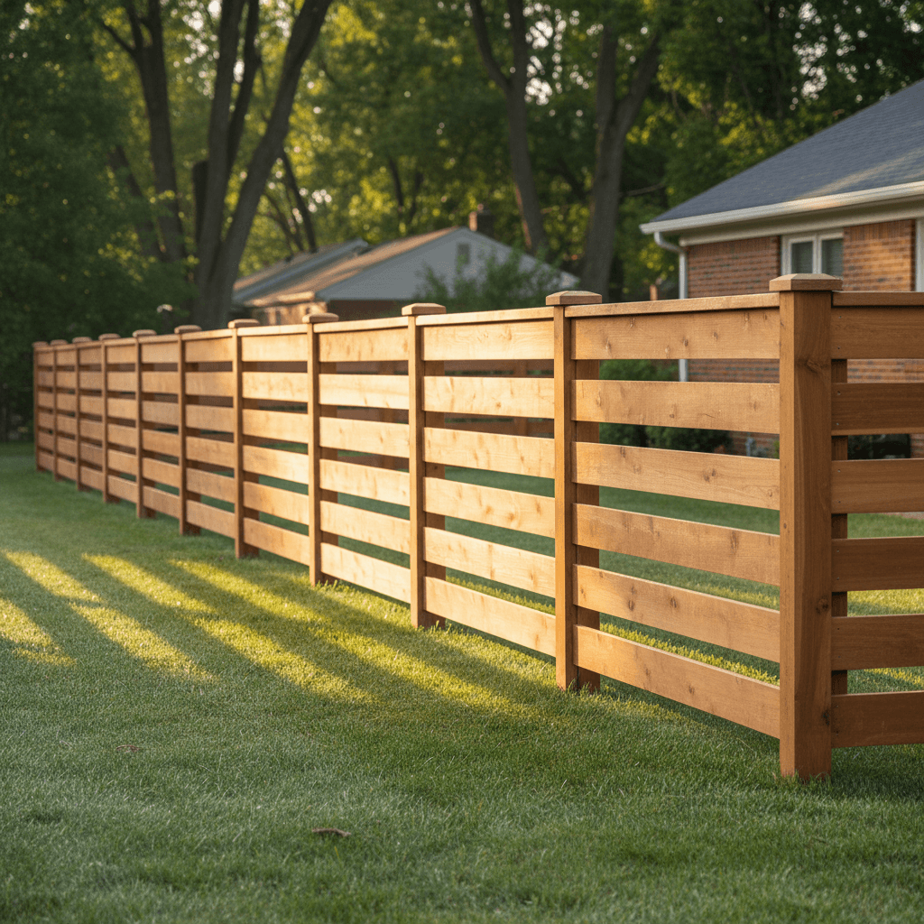 Newly installed cedar wood fence with horizontal slats in a sunny backyard