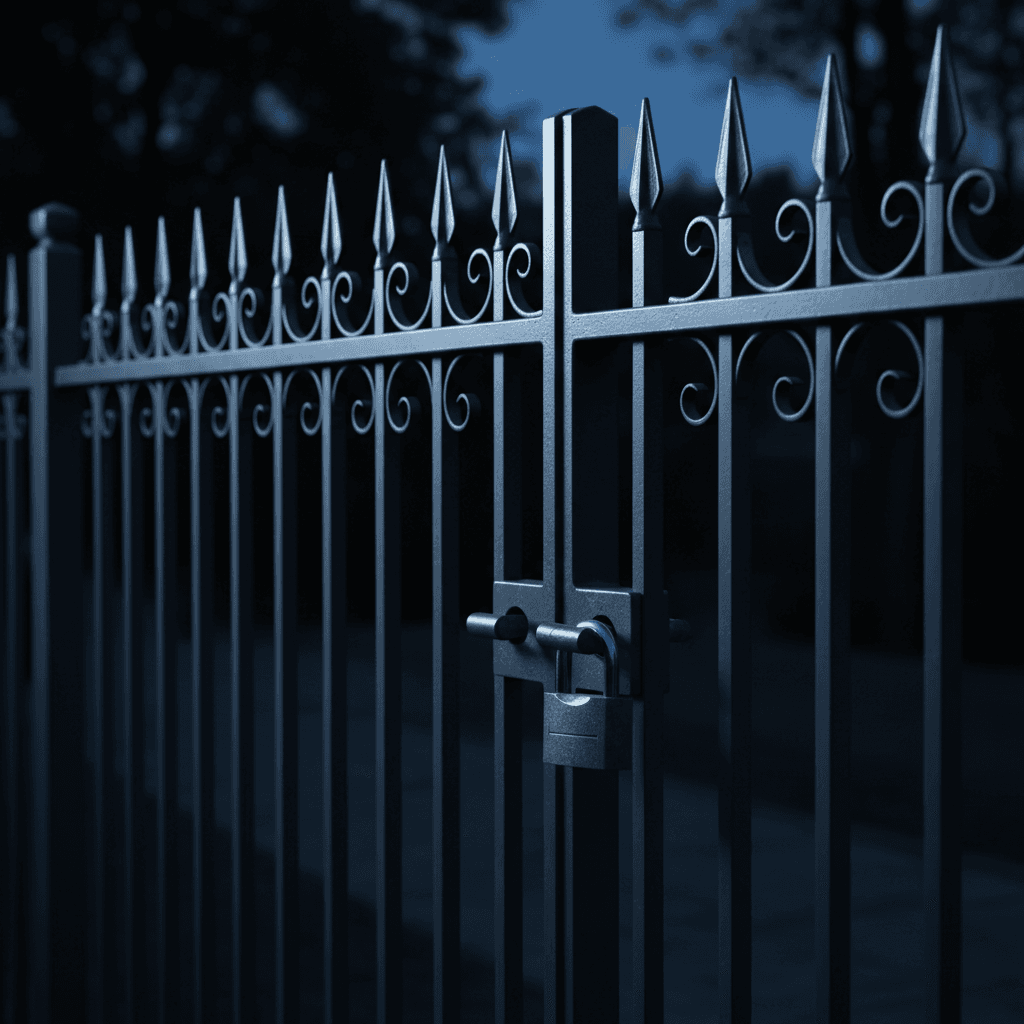 Ornate aluminum fence gate with spear-top pickets at dusk