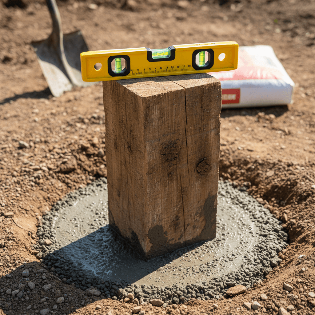 Close up of fence post being set in concrete with a level on top