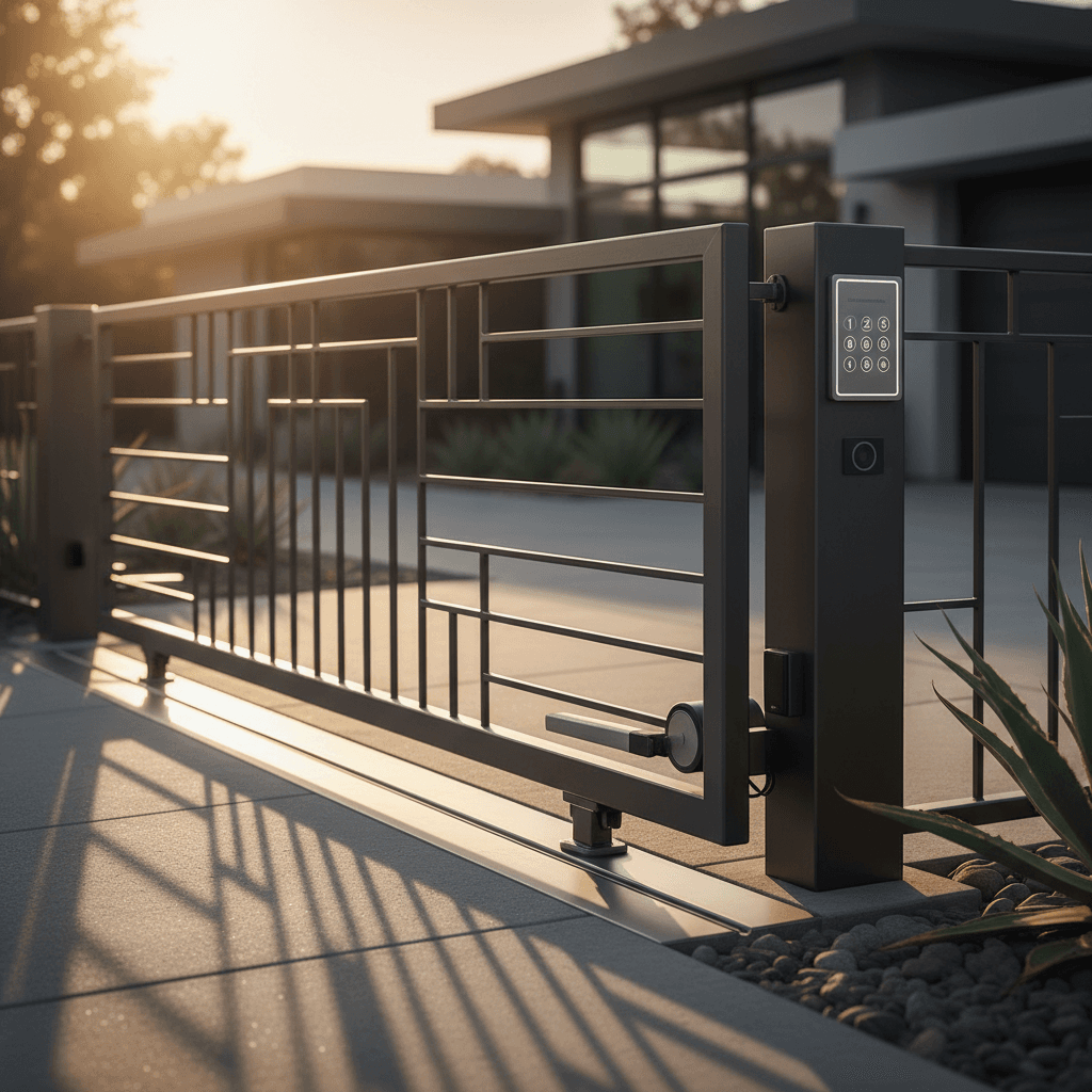 Automated wrought iron driveway gate with keypad entry