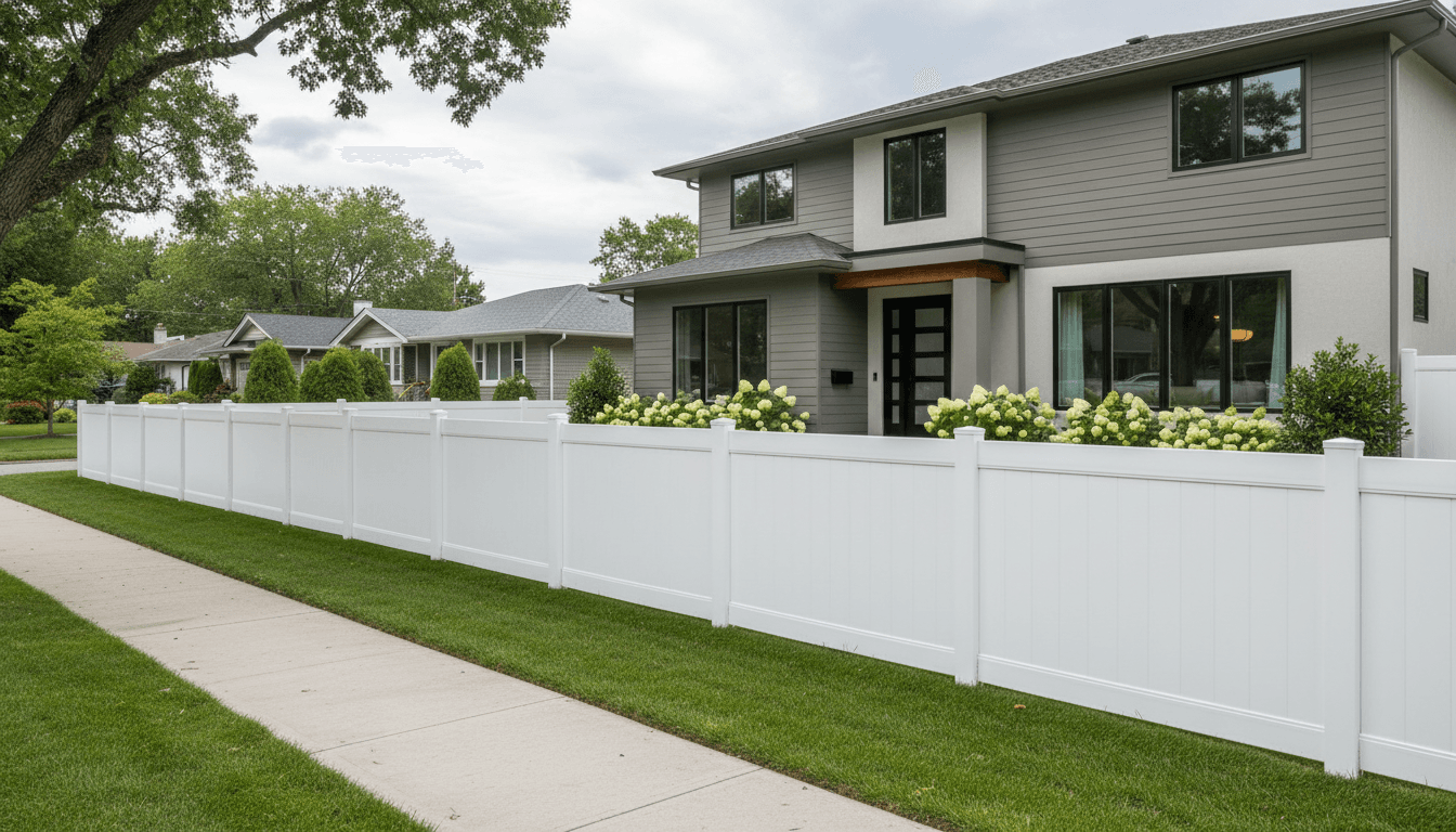 Professionally installed vinyl fence in front of a suburban home
