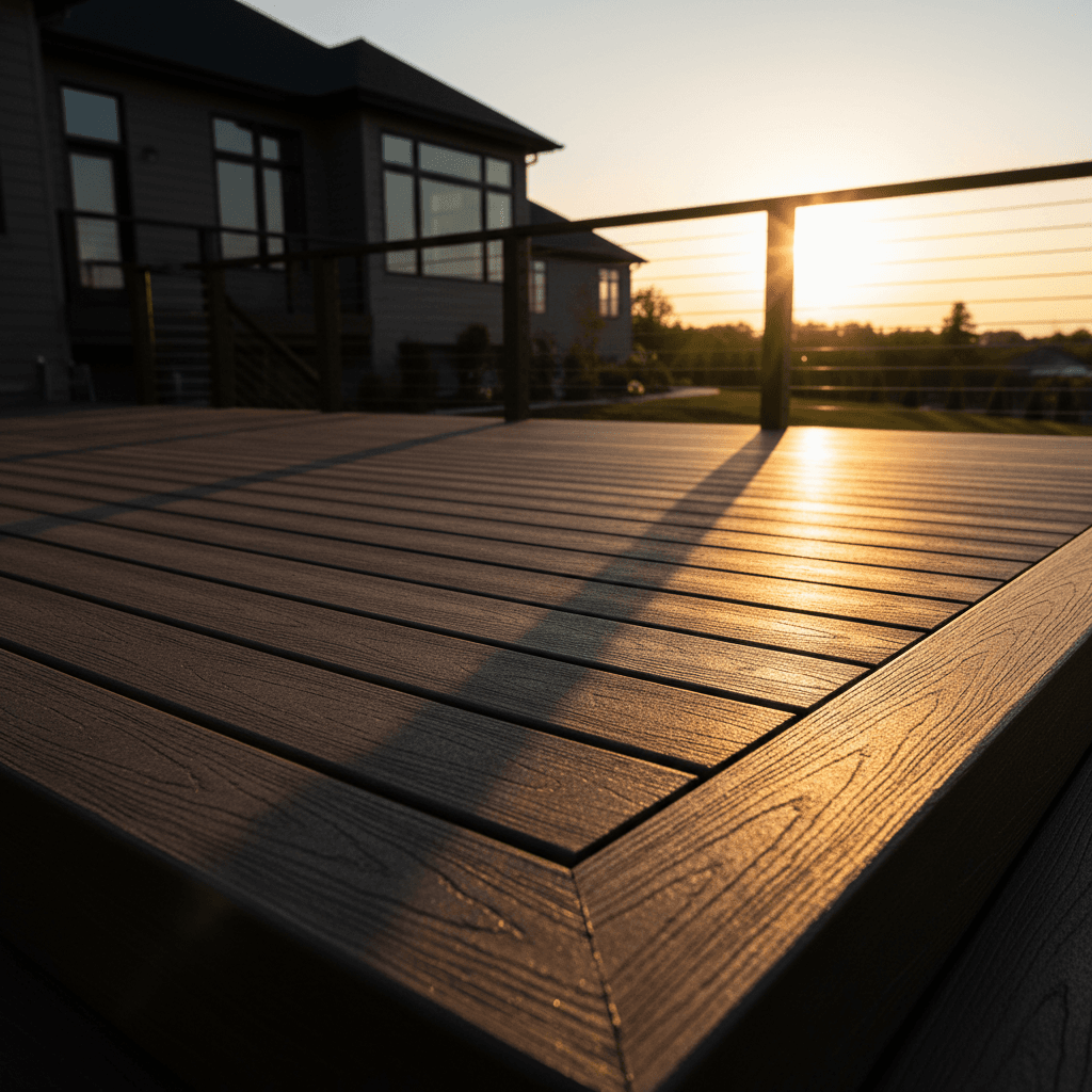 Wide view of completed composite deck with professional railings at sunset
