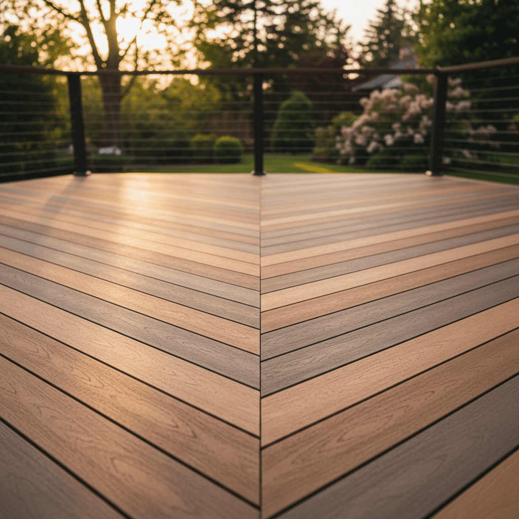 A warm, soft natural light documentary aesthetic wide shot of a completed composite deck with mixed texture boards, viewed from ground level looking across the deck surface.