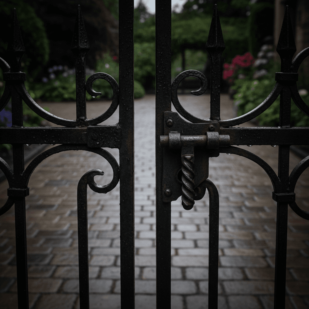 Black wrought iron fence with an elegant gate latch in a front yard