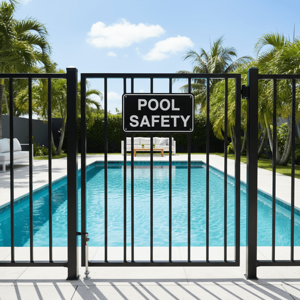 Aluminum pool fence with gate around a backyard pool