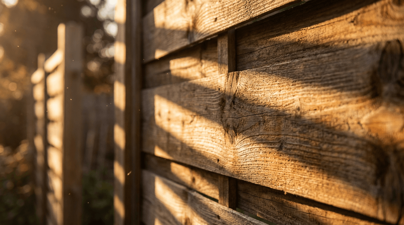 Wide shot of a completed custom wooden fence installation in a residential backyard