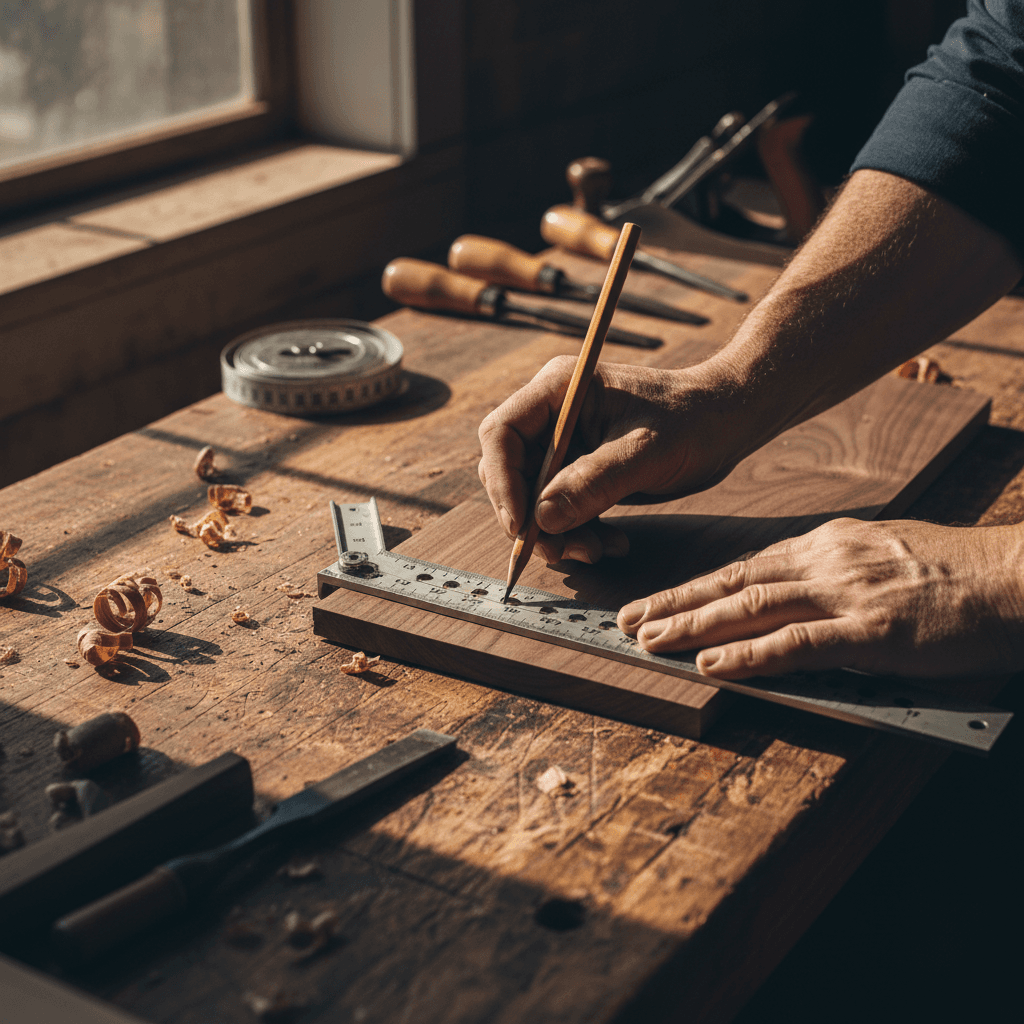Carpenter's hands with precision square on wood fence detail