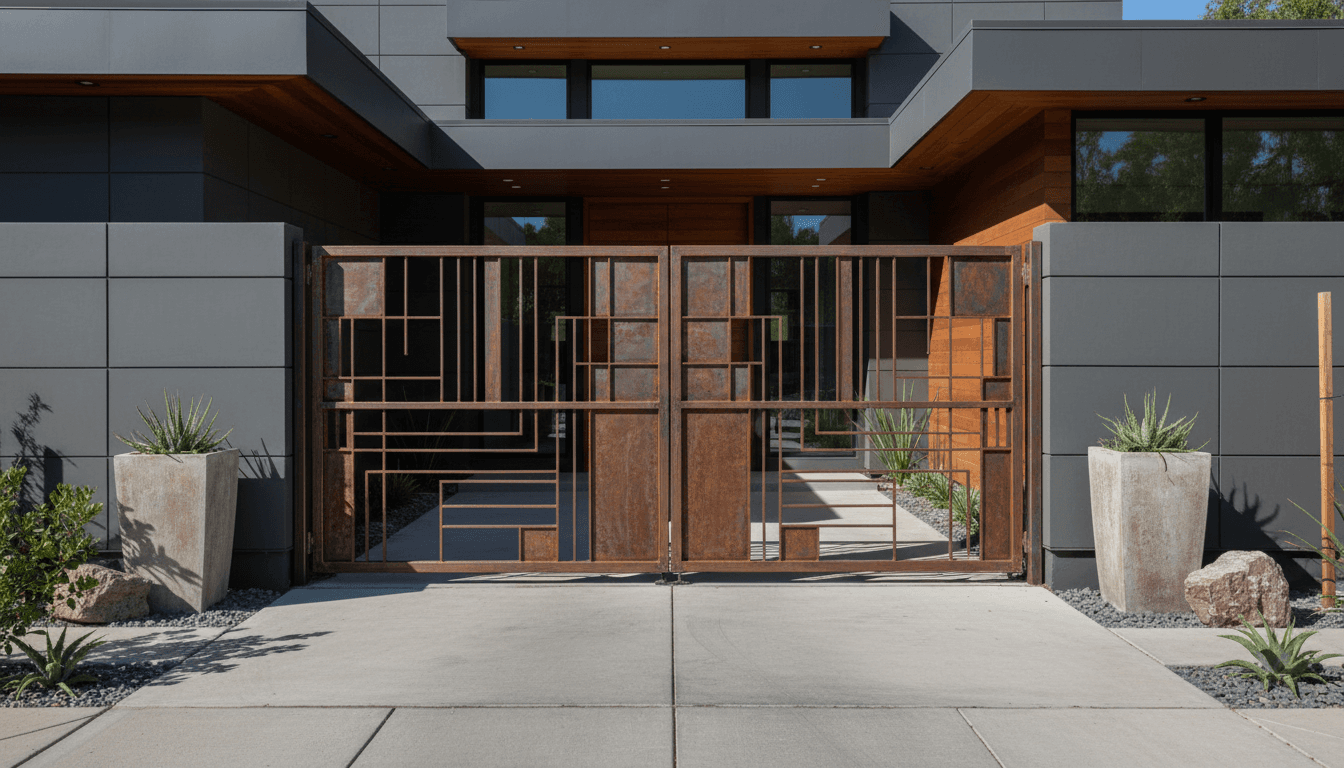 Industrial documentary aesthetic wide shot of a completed wrought iron gate entry system