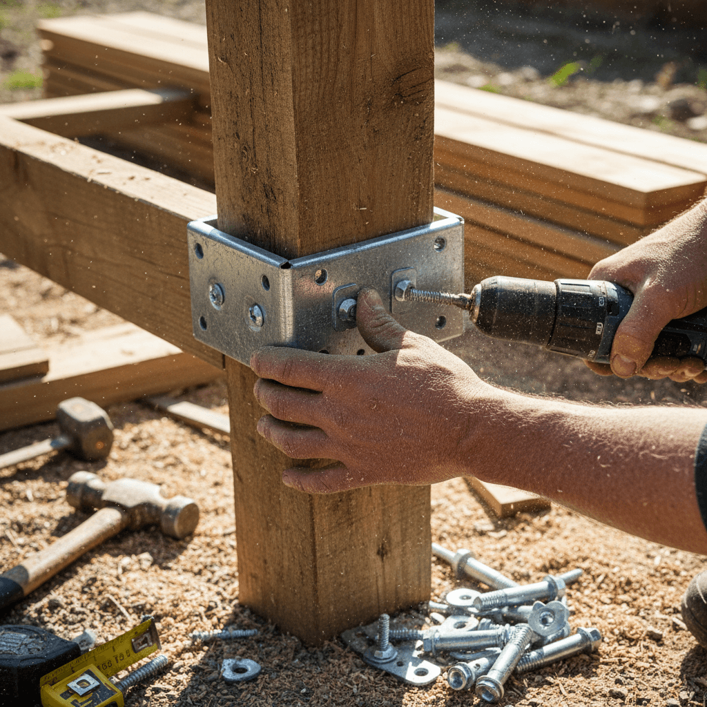 Craftsman installing wooden fence post with precision