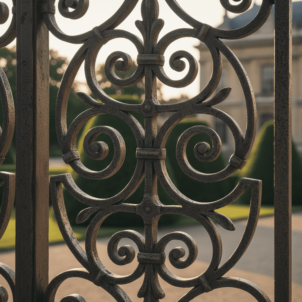 Custom wrought iron gate with ornamental scrollwork and detailed metalwork
