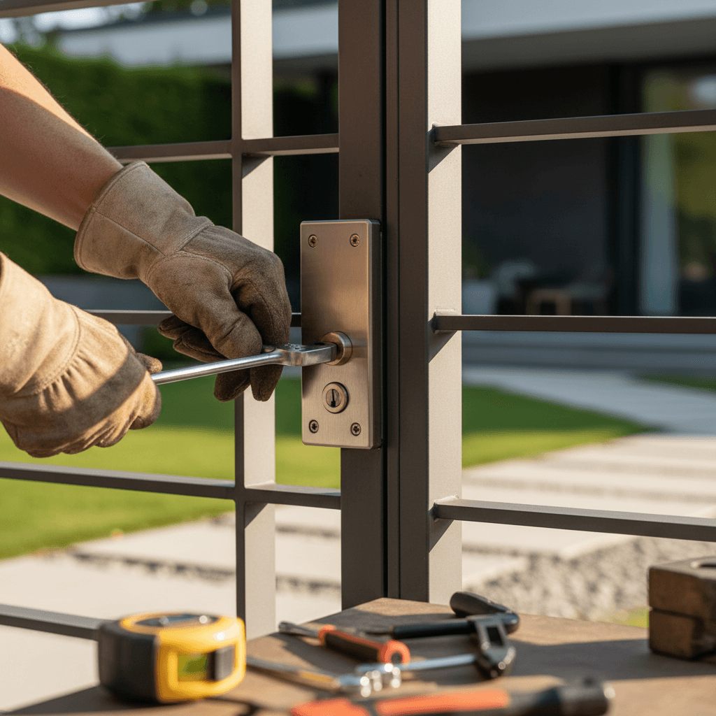 Installed aluminum driveway gate with modern horizontal design at residential entrance