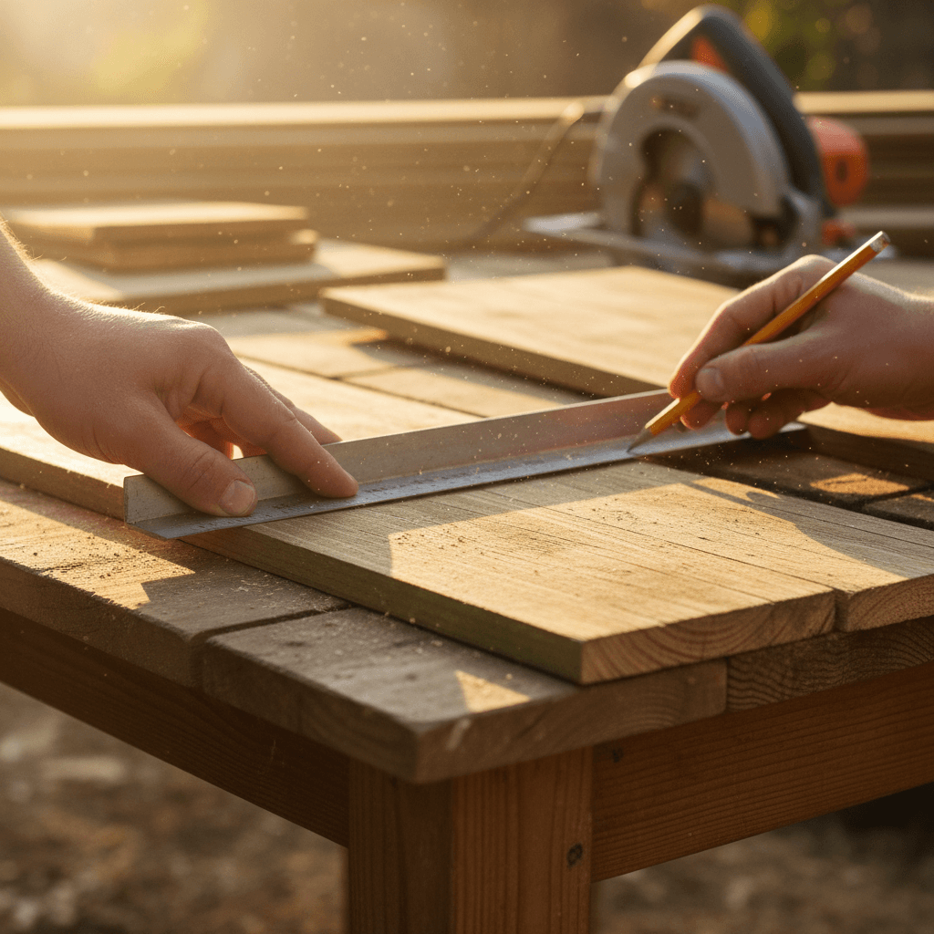 Deck builder measuring and marking wood during custom deck construction